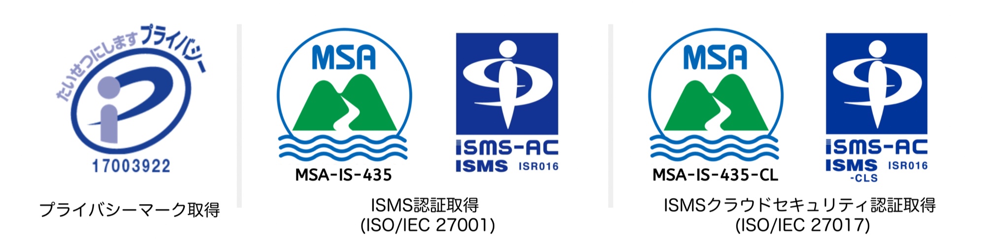 プライバシーマーク取得 ／ ISMS認証取得（ISO/IEC 27001） ／ ISMSクラウドセキュリティ認証取得（ISO/IEC 27017）